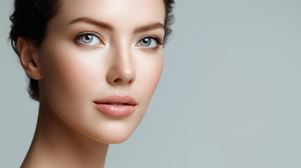 Naklejka premium Close-up side profile of a woman with smooth skin and natural makeup, looking thoughtfully out of frame. 