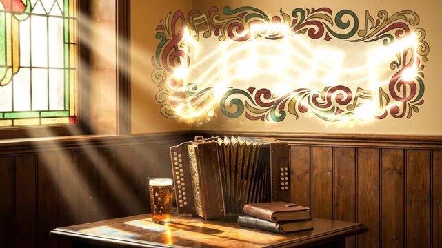 Traditional pub table with accordion, beer, books and glowing musical notes. St. Patricks Day celebration with Irish folk music.