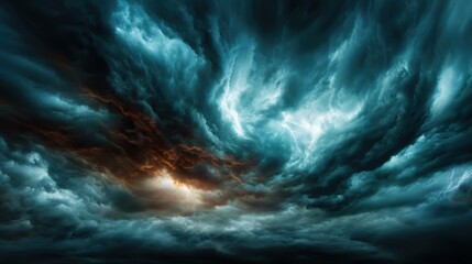 An awe-inspiring view of dramatic clouds swirling in a stormy sky illuminated by hidden light, reflecting the power and beauty of nature at its most intense.