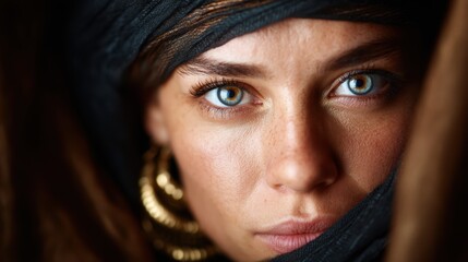 Fototapeta premium This evocative close-up focuses on captivating blue eyes framed by vibrant skin tones, showcasing the beauty of human emotion and the depth of personal expression.