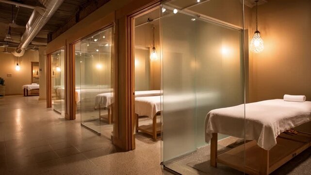 Medium shot of a multiroom massage studio highlighting soundproof glass partitions and warmly lit heated massage tables with towel stacks slightly blurred.