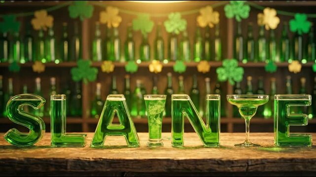 Slainte glass letters with green liquid, celebrating Saint Patricks Day in a bar with shamrocks and green bottles on shelves.