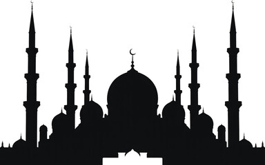 Striking silhouette graphic illustration featuring a large mosque facade with multiple towering minarets and central dome structure.&nbsp;Traditional islamic mosque silhouette.