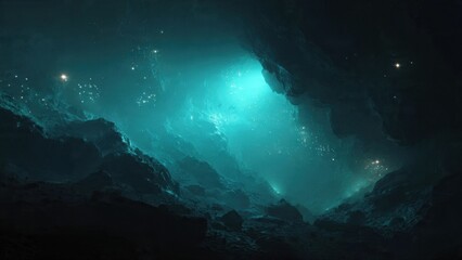 Ethereal Underwater Cave with Glowing Light