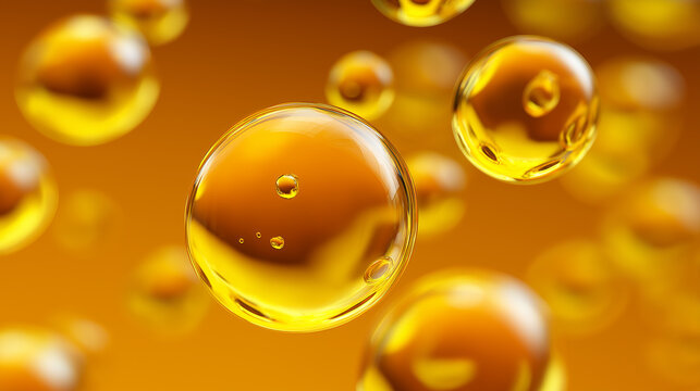 Close-up of oil droplets suspended in a yellow liquid background
