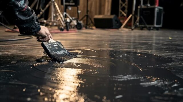 Painter applying fresh dark paint on a theater deck floor the brush strokes detailed while the surrounding stage equipment remains softly out of focus.