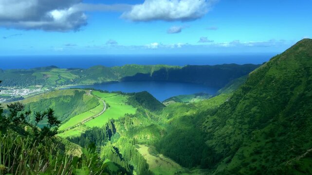 Breathtaking panoramic view from Boca do Inferno viewpoint over Sete Cidades volcanic lakes, Sao Miguel, Azores.