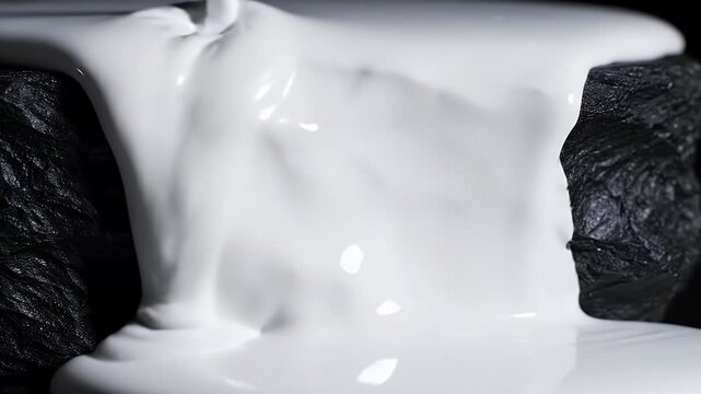 Thick white liquid flowing over a dark, textured surface in a close-up shot