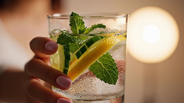Close up of hand holding a glass of detox water, infused with refreshing cucumber slices, zesty lemon, and fresh mint leaves. This promotes a healthy lifestyle, offering cool, hydrating wellness.