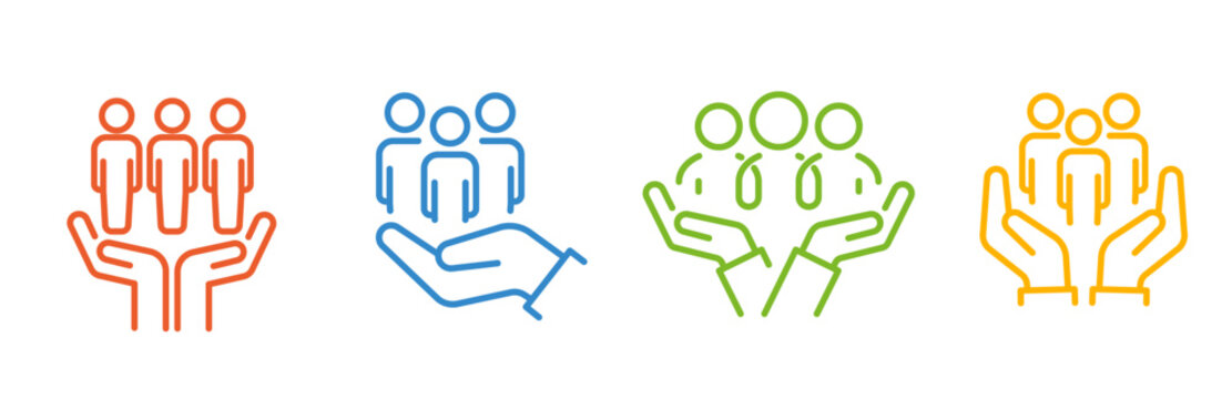 inclusion social equity icons, set icon such as help or support employee, people safety, consumer interaction, gender or cultural diversity, people in hands