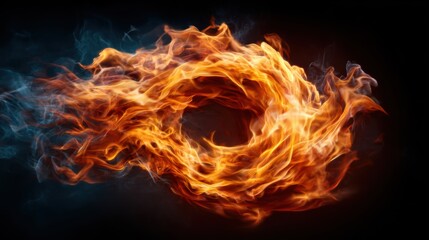 A striking image of vibrant flames swirling dynamically, intertwining with wisps of smoke, creating a mesmerizing abstract pattern of warmth and energy.