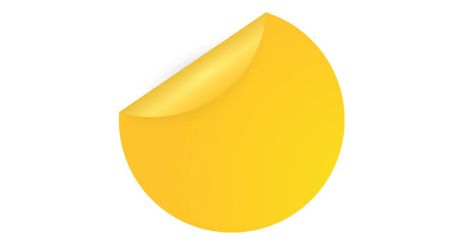 Bright yellow round sticker with curled corner isolated PNG, adhesive label for branding and product packaging on transparent background