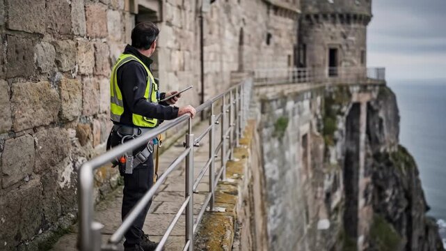 Focused medium shot of a technician checking installation of slim safety railings on a fortress cliffside path the steep drop and ocean in the distant background softly out of