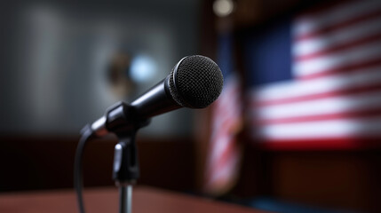 Obraz premium Close-up of a microphone with a blurred politician speaking in front of the American flag 