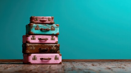 Fototapeta premium A nostalgic collection of vintage suitcases stacked haphazardly, showcasing their worn textures and colors against a bright blue background that evokes travel memories.