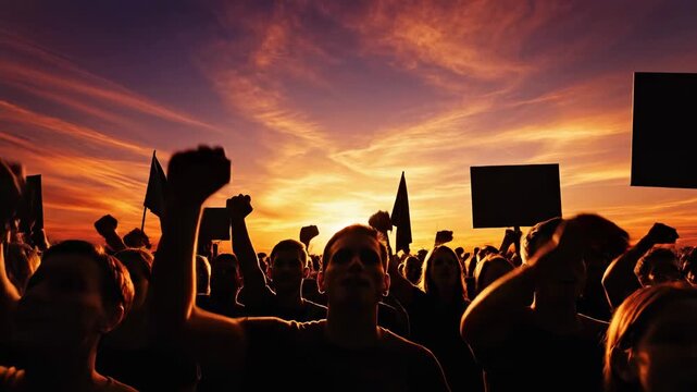 A massive crowd of silhouetted people marches forward, raising their fists and signs in unity as the sun sets behind them. The scene captures a collective surge of hope and defiance.