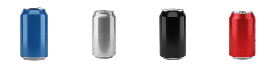 Assorted Aluminum Beverage Soda Can Mockup Set Isolated On White Background PNG