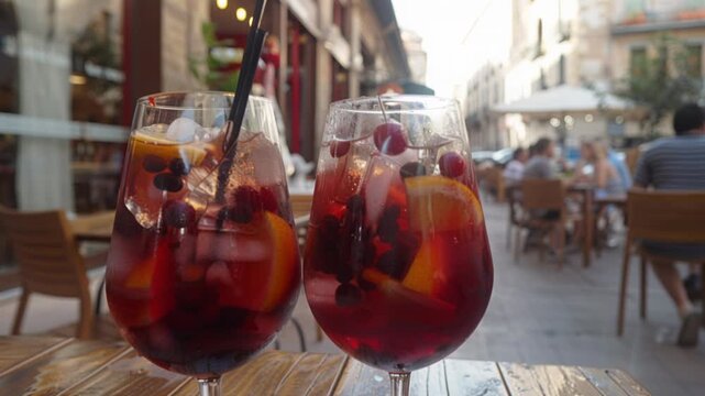 two spritz cocktails on wooden table at bustling city cafe terrace, vibrant orange slices and ice glistening with bubbles, warm sunlight filtering