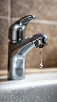 Close-up of modern chrome faucet dripping water over white sink
