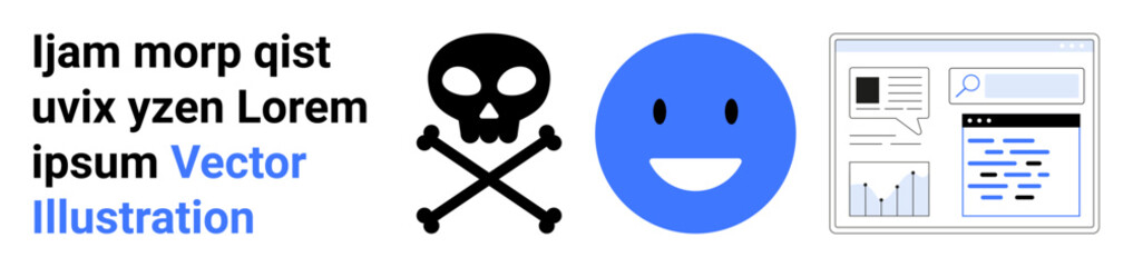 Fototapeta premium Cybersecurity, digital design, online communication, awareness, information integrity, user interfaces. Smiling emotion, a skull and crossbones text and icons. Cybersecurity and digital design