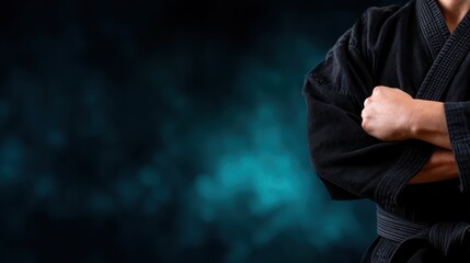 A focused martial artist stands in a black gi, exuding strength and discipline, symbolizing dedication, skill, and the rich heritage of martial arts in a modern context.