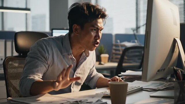A young Asian male employee, visibly overwhelmed by work demands, shouts with clenched fists at his computer monitor, depicting intense emotional tension and burnout in a brightly lit modern office