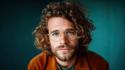 Obraz premium This intimate portrait features a thoughtful young man with curly hair and glasses, conveying depth and intelligence, perfect for showcasing modern masculinity and personal reflection.