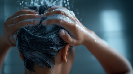 Naklejka premium Person washing hair with shampoo, hands massaging scalp in shower 