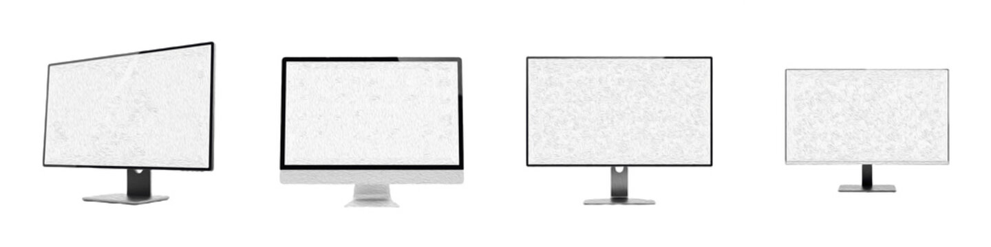 Modern computer monitor mockup set, blank desktop screen display template, widescreen PC television panel, technology electronics equipment, isolated on white PNG