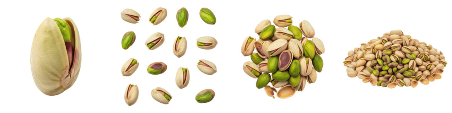 Pistachio nuts set, organic roasted salted pistachios in shell and kernels, healthy snack heap, crushed nut pieces, isolated on white background png