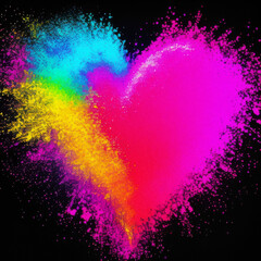 Heart shape explodes with rainbow colors on black background. Abstract powder cloud in pink, red, orange, yellow, green, blue, purple. Symbol of love, diversity, unity and celebration
