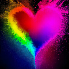 Heart shape explodes with rainbow colors on black background. Abstract powder cloud in pink, red, orange, yellow, green, blue, purple. Symbol of love, diversity, unity and celebration