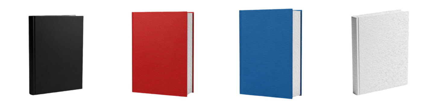 Hardcover book mockup set, blank notebooks in black red blue white colors, standing closed books, diary journal catalog template, isolated on white background