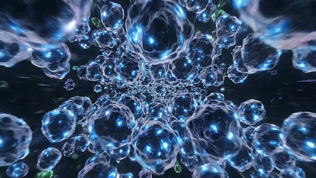 Luminous, cellular structures drift in a cosmic, energetic expanse