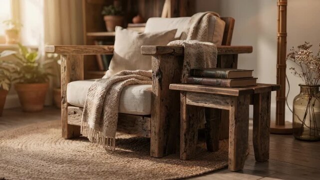 Medium shot of reclaimed wood furniture arranged in a cozy reading corner with plush cushions in sharp detail and softly blurred ecofriendly decor around.