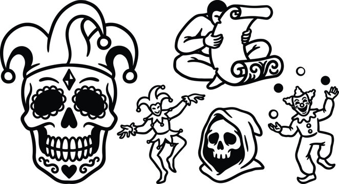 Tattoo flash close up jester skull with harlequin hat and floral eye sockets and smiling teeth plus dancing jester hooded reaper clown juggling scroll prop illustration