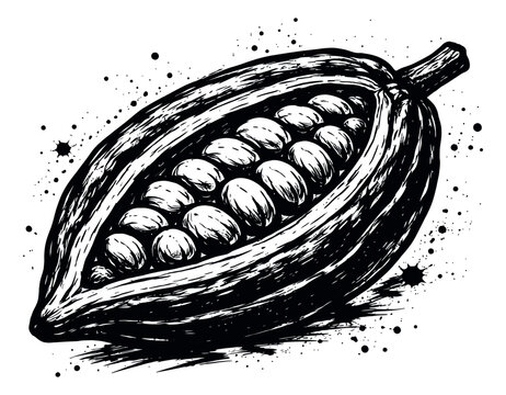 Hand drawn line art illustration of a cacao pod depicting its beans for food and beverage designs