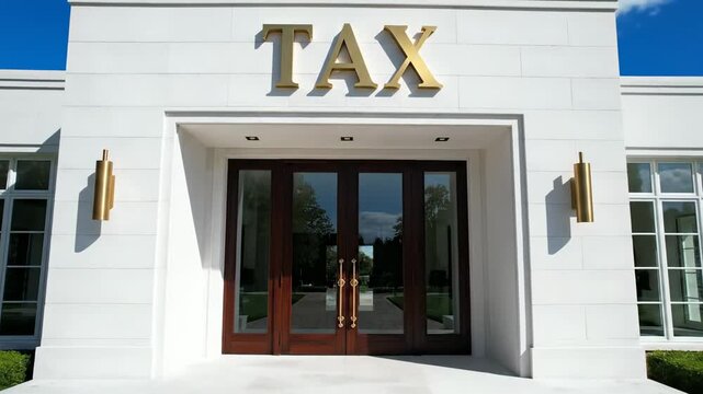 The grand entrance of a pristine white modern building features striking golden 'TAX' lettering above elegant wooden double doors, bathed in bright daylight under a clear blue sky