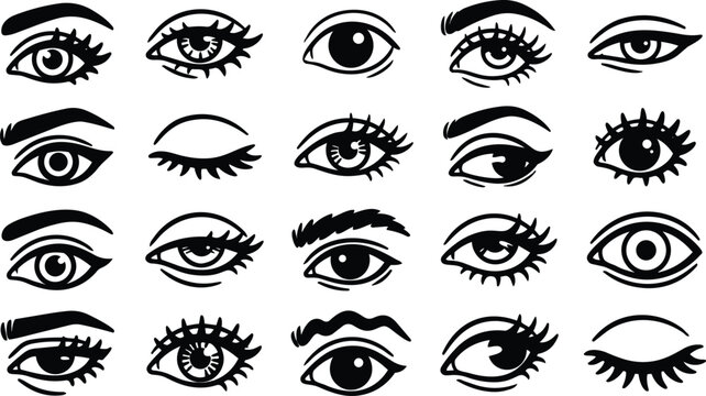 Line art eye icon set with twenty stylized eye shapes in flat vector style arranged in a four by five grid showing open closed winking expressions