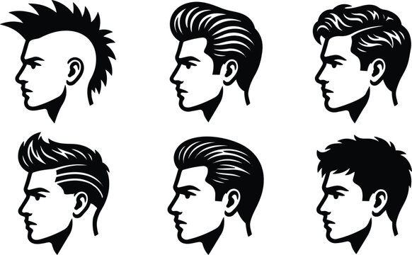 Flat design male haircut profile set six side view icons with diverse retro and modern styles mohawk pompadour undercut crew cut slick back textured short hair