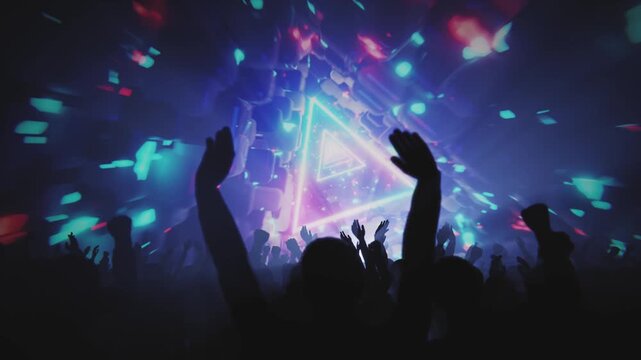 A vibrant crowd enjoys a concert with a neon light display, creating an energetic atmosphere
