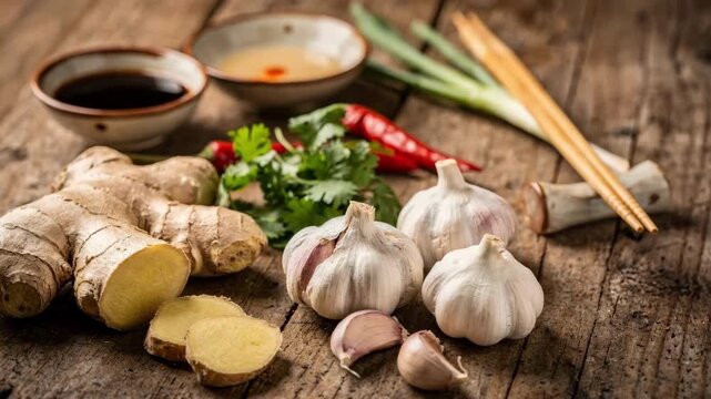 Medium shot of fresh Asian ingredients like ginger and garlic arranged neatly with softly blurred chopsticks and sauces enhancing the cultural distribution setting.