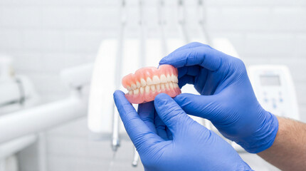Obraz premium Dentist Holding Dentures Model in Dental Clinic – Prosthetic Teeth and Oral Care Concept