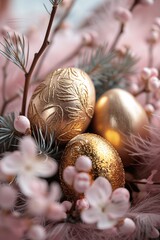 Three golden eggs are placed among pink flowers and green plants. The setting shows details of spring with soft colors and decorations. This scene highlights the joy of holiday traditions