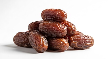 Obraz premium Pile of brown dates arranged on white background, studio shot with bright lighting