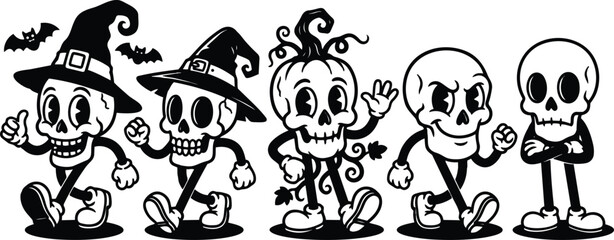 Retro rubber hose cartoon lineup of five walking skull characters wearing witch hats and pumpkin head waving left to right smiling in black and white vector