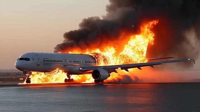 Airplane on runway during fire emergency response with dramatic smoke under intense daylight

