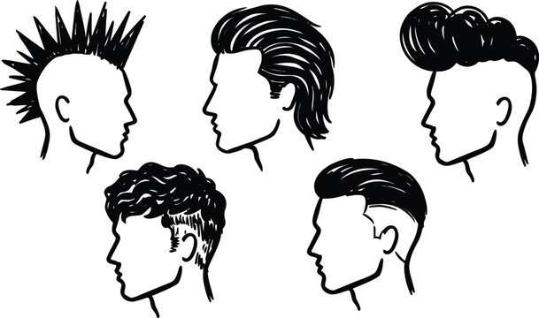 Tattoo flash punk mohawk and classic pompadour slicked back side profile lineup of five male hairstyles in black ink bold graphic vector silhouettes with hand drawn stroke