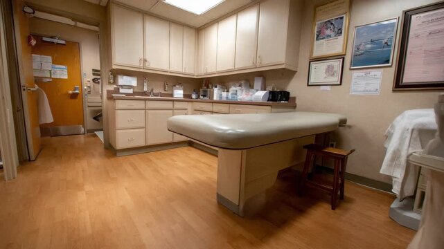 Medium shot of a pediatric HMO exam room with calming neutral hues a minimalist exam table and softly outoffocus informative posters on the walls.