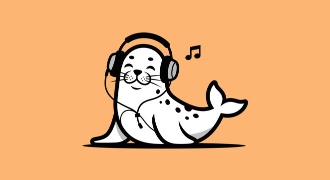 Cartoon seal listening to music